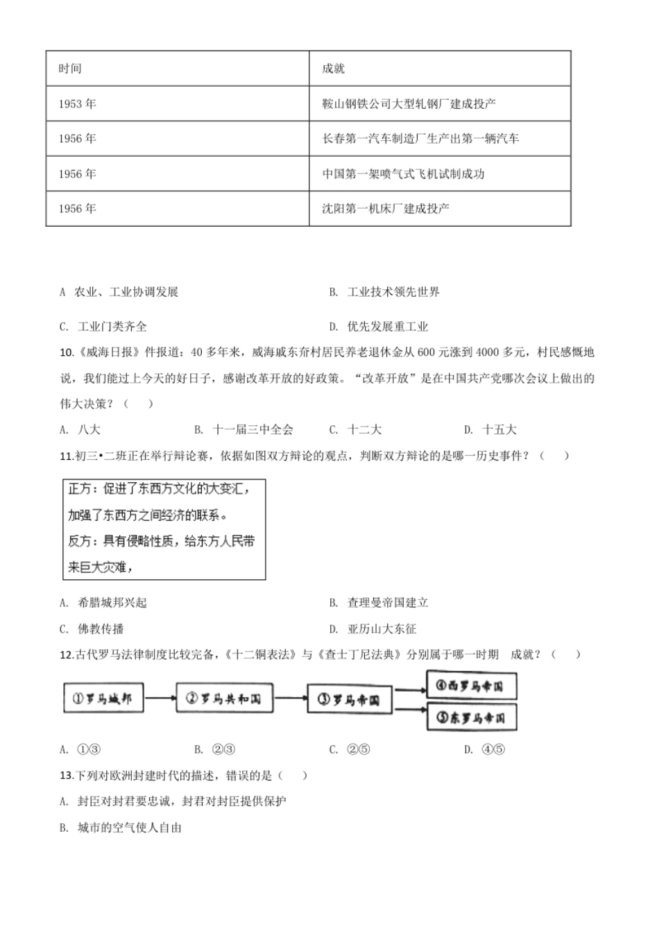 精品解析：山东省威海市2020年中考历史试题（原卷版）.pdf_第3页