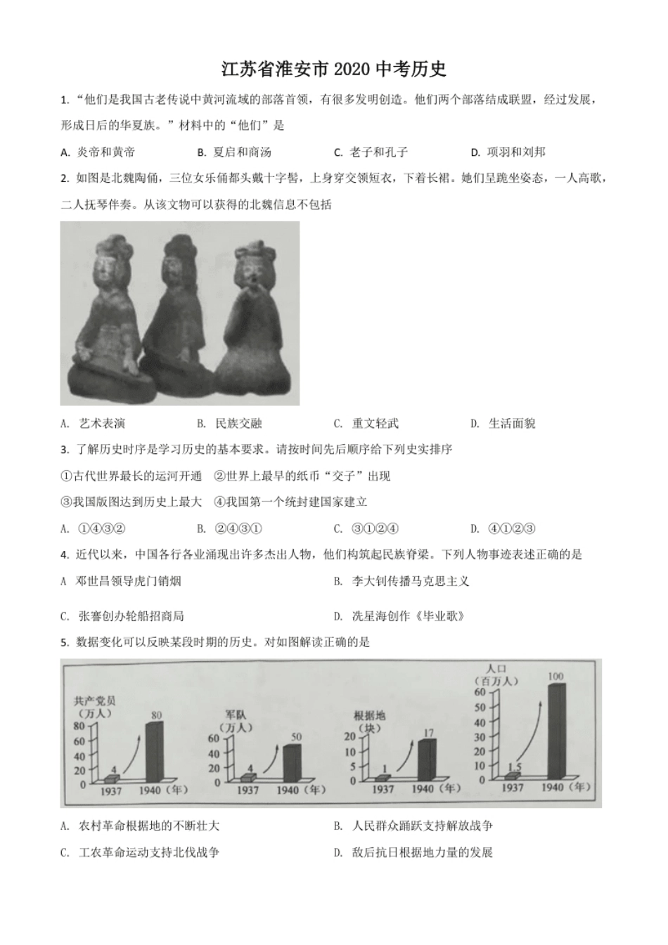 精品解析：江苏省淮安市2020年中考历史试题（原卷版）.pdf_第1页