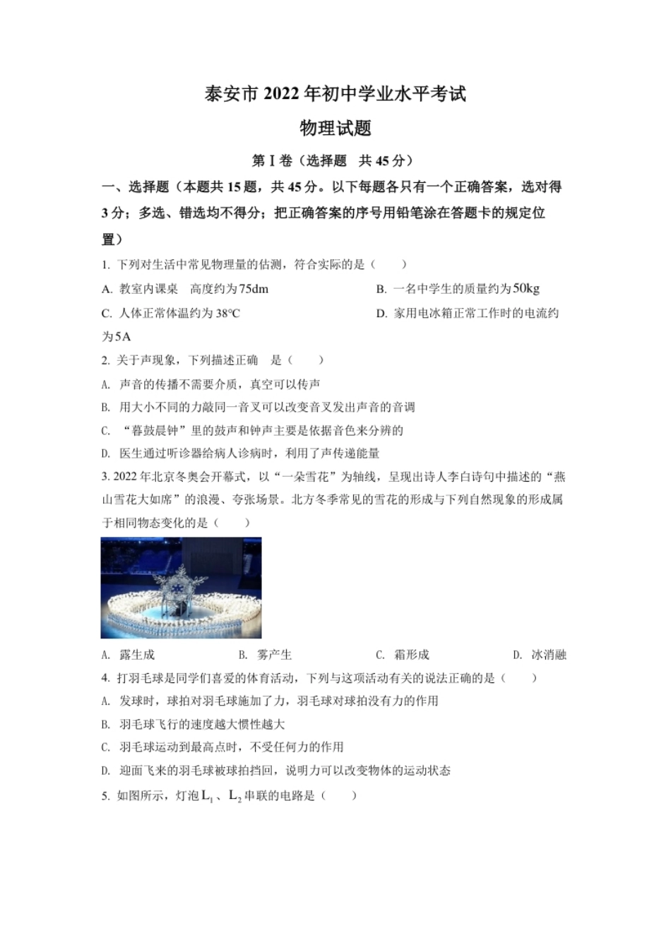 精品解析：2022年山东省泰安市中考物理真题（原卷版）.pdf_第1页