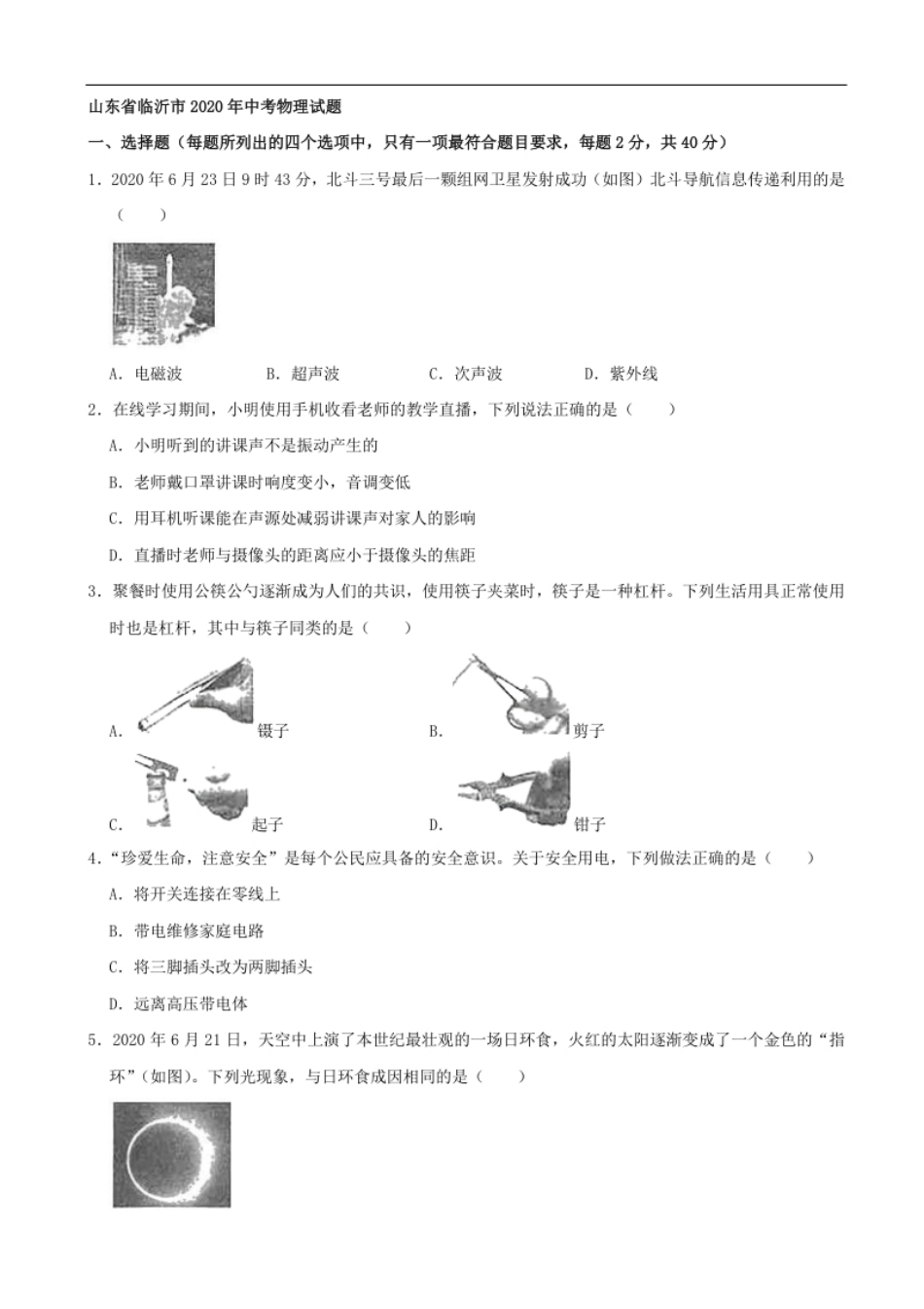 山东省临沂市2020年中考物理试题（word版，含解析）.pdf_第1页