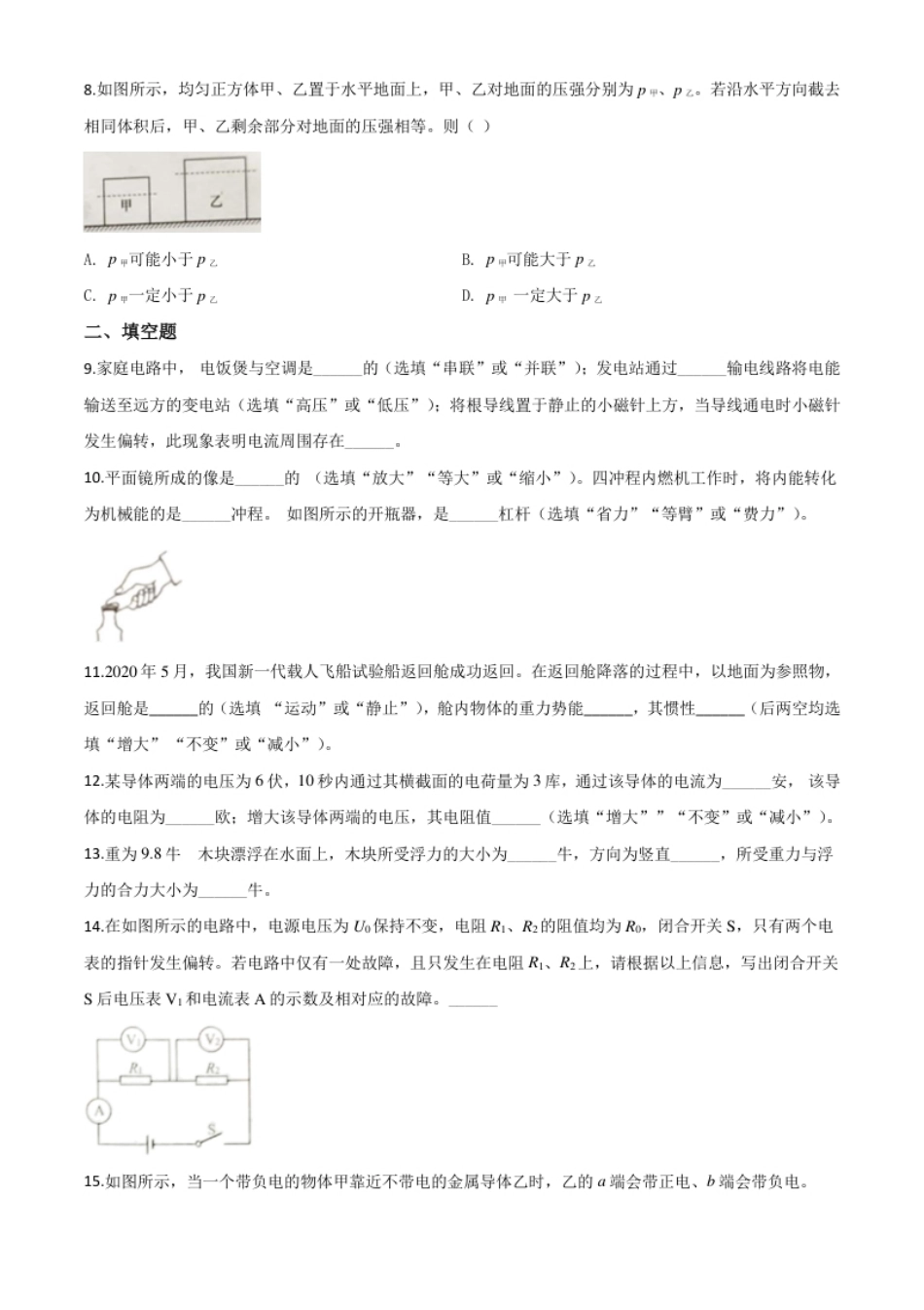 精品解析：2020年上海市中考物理试题（原卷版）.pdf_第2页