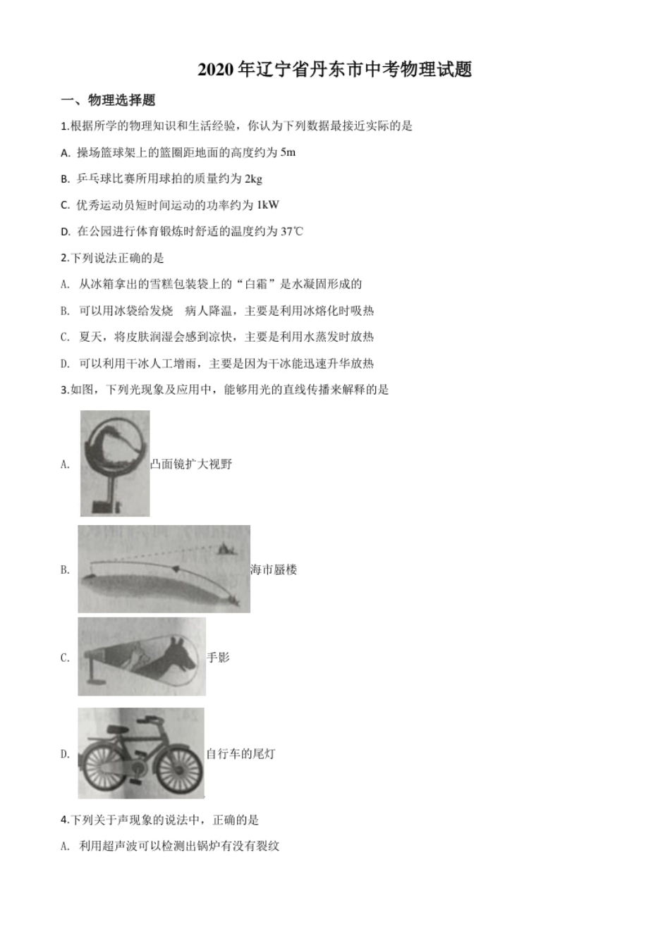 精品解析：2020年辽宁省丹东市中考物理试题（原卷版）.pdf_第1页