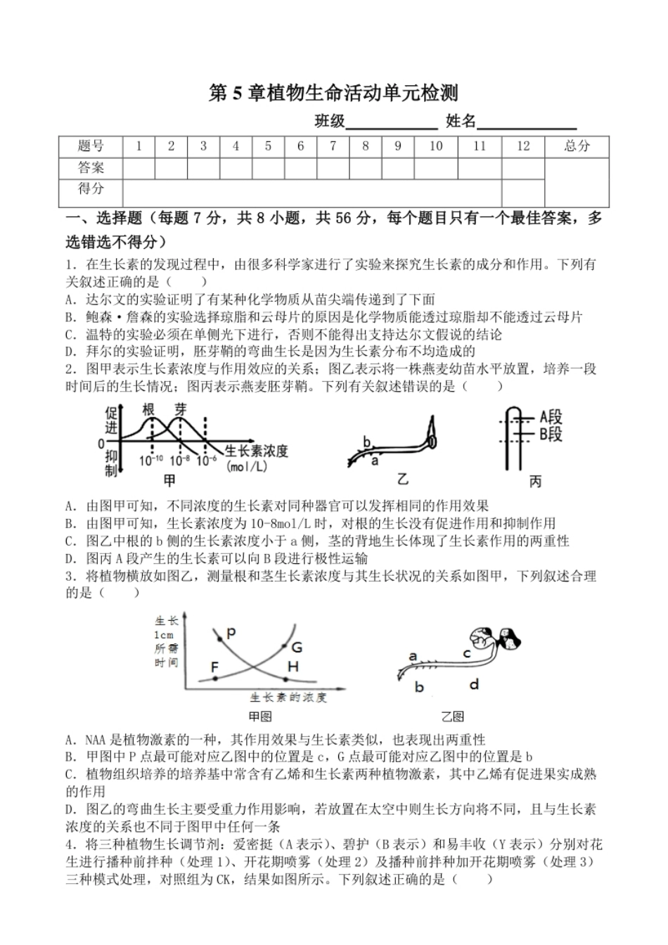 第5章植物生命活动单元检测-高二上学期生物人教版2019选择性必修1.pdf_第1页