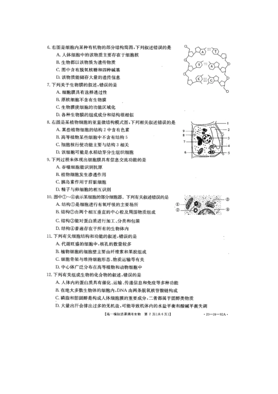 山东省济南市历城第二中学高一上学期模拟选课调考（期中）生物试题PDF版.pdf_第2页