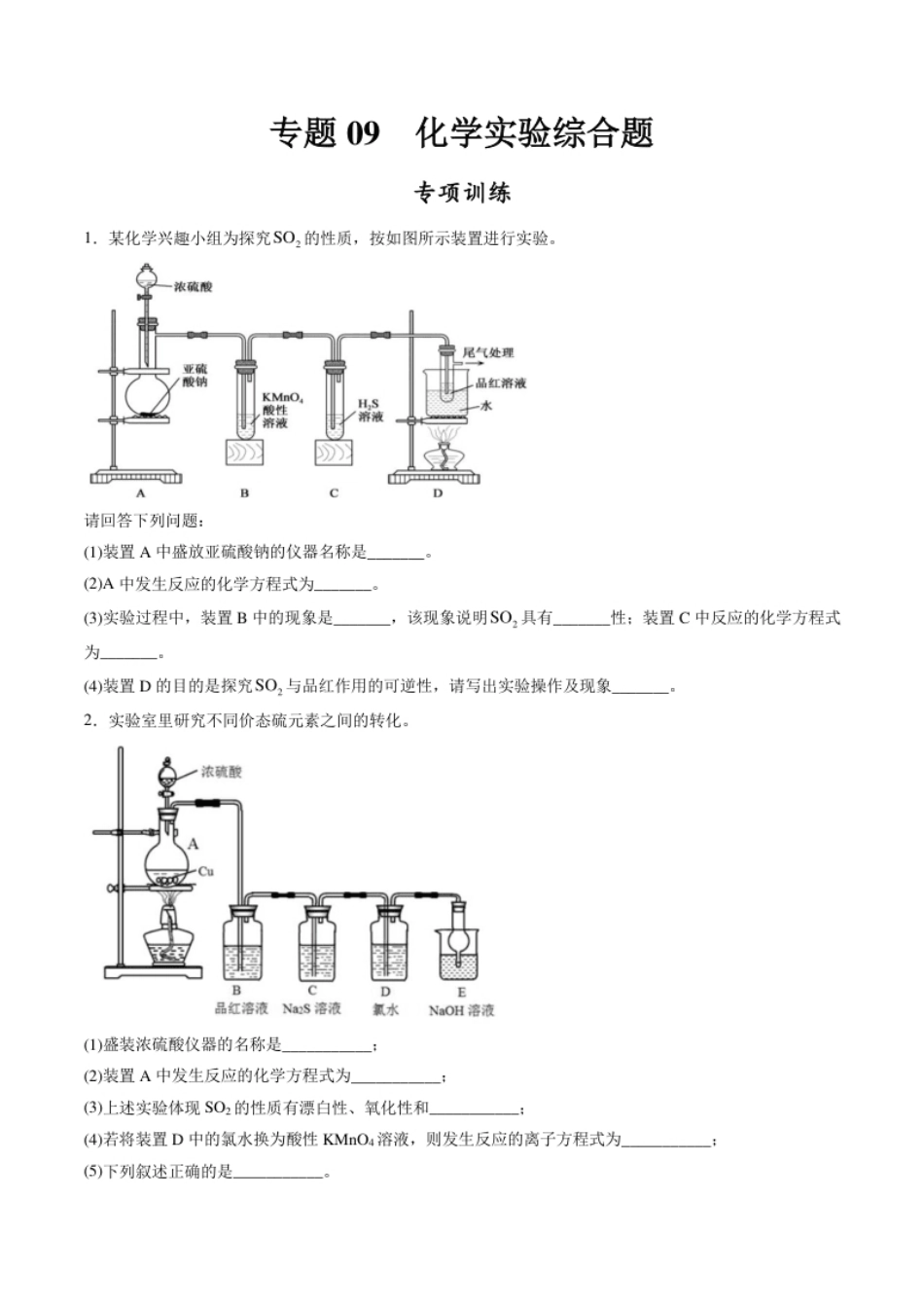 专题09化学实验综合题【专项训练】-高一化学下学期期中专项复习（人教版2019必修第二册）（原卷版）.pdf_第1页