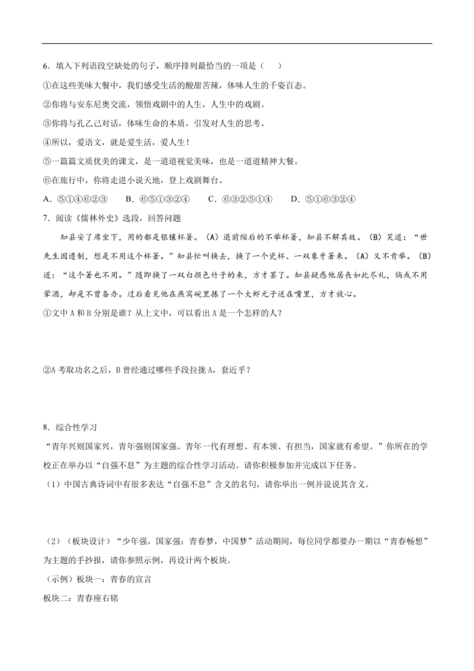 卷6-九年级语文下册综合检测必刷卷（全国通用）（原卷版）.pdf_第2页