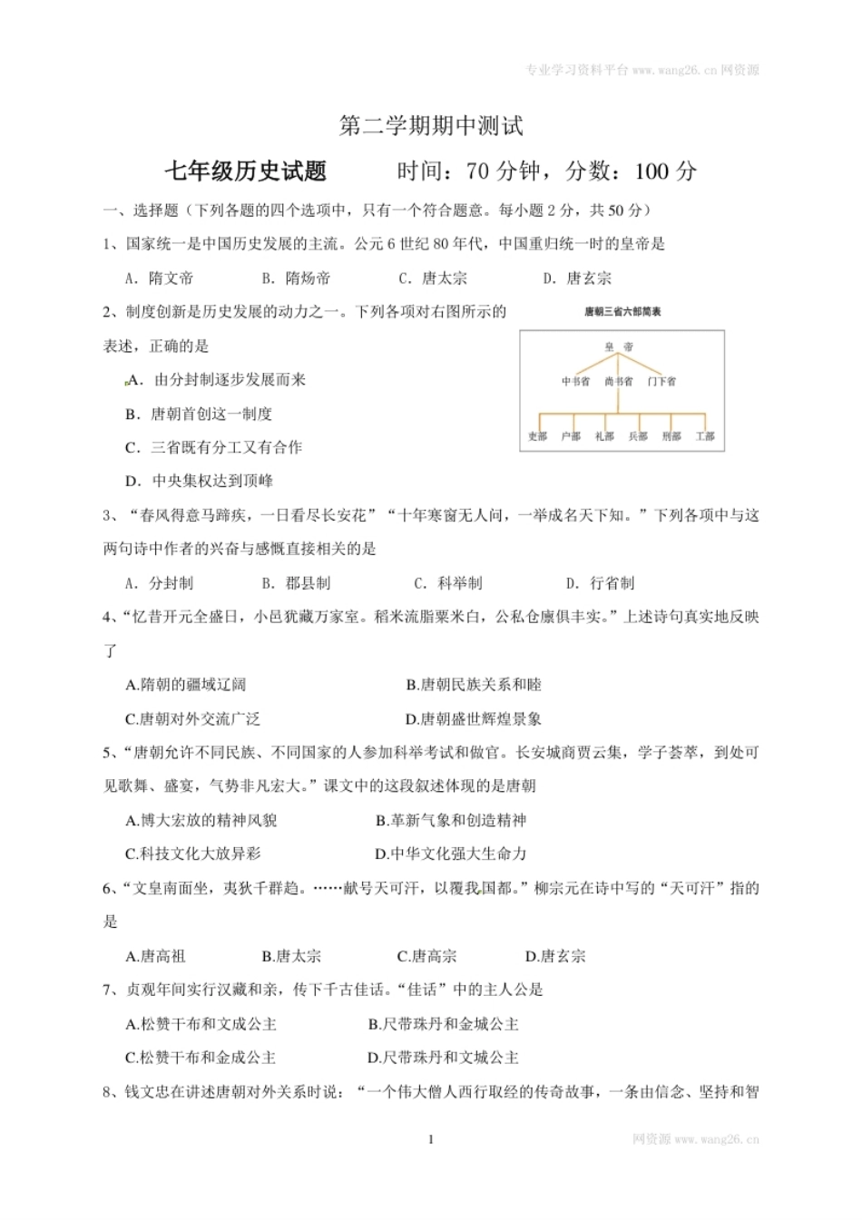 山东省临清市七年级下学期期中考试历史试题(1).pdf_第1页