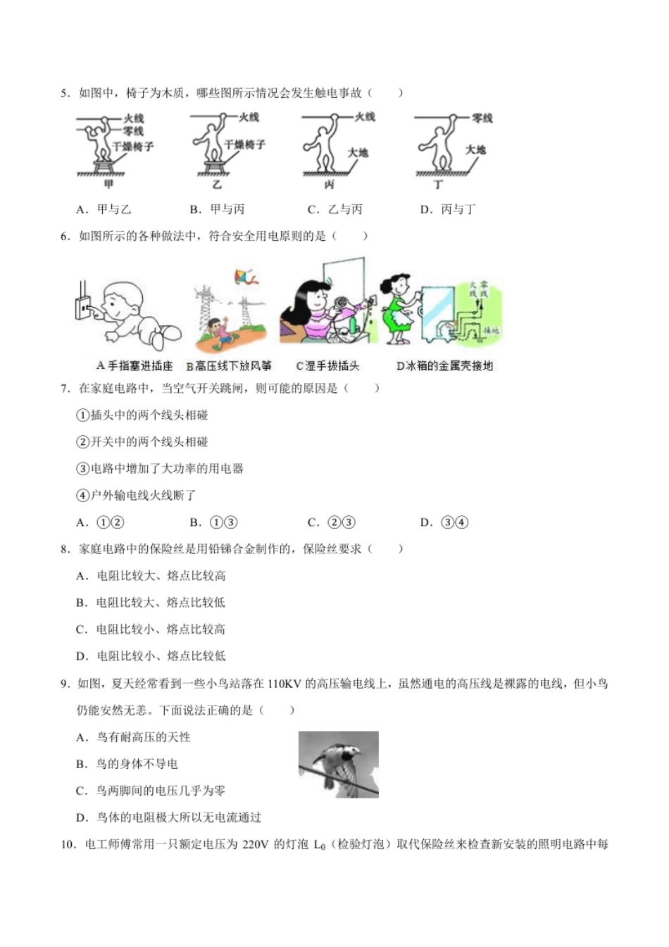 第十九章生活用电【章节提升检测】—（人教版）（原卷版）.pdf_第2页