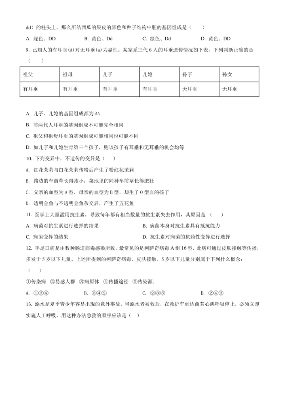 河南省信阳市潢川县2020-2021学年八年级下学期期末生物试题（原卷版）.pdf_第2页