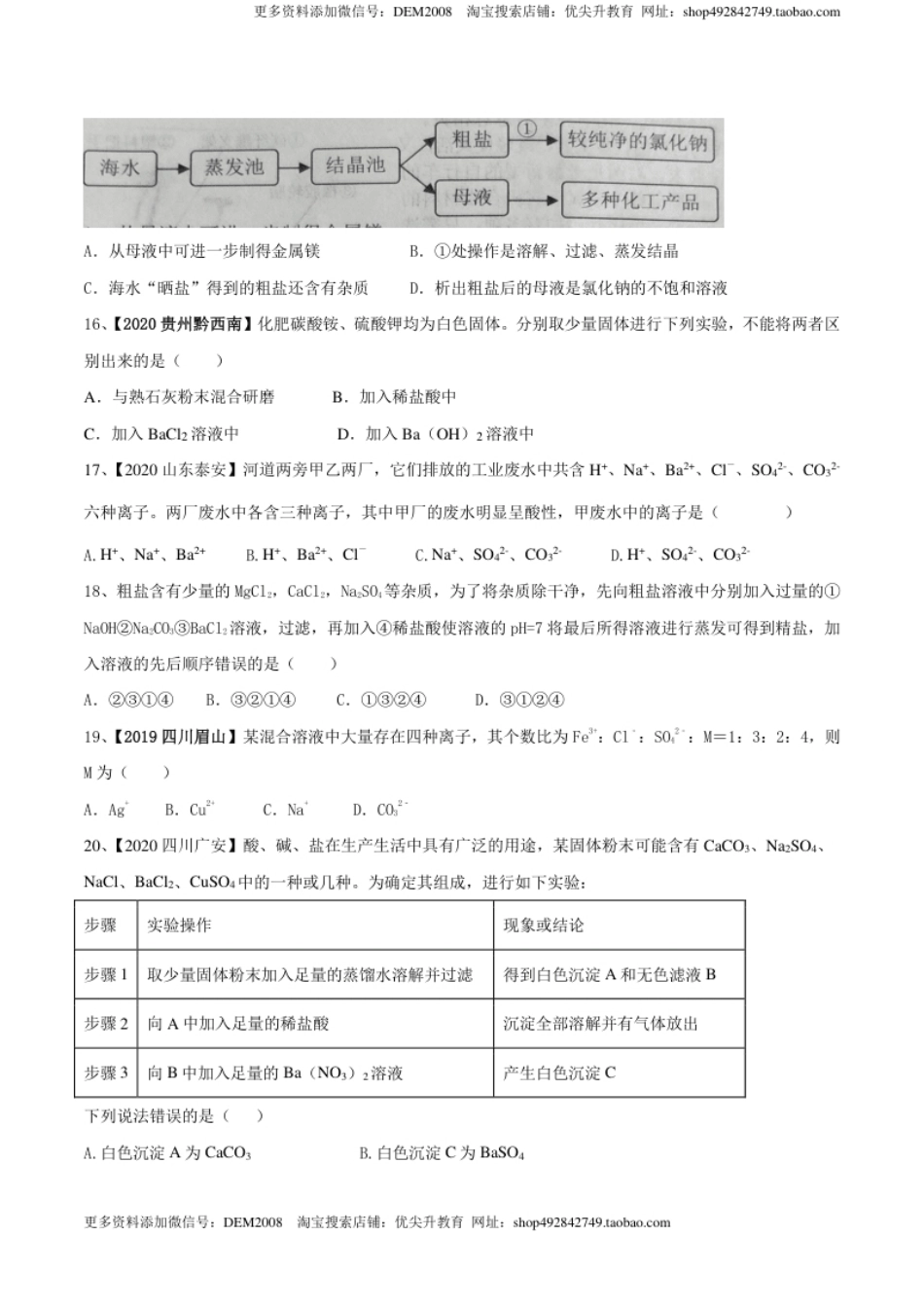 第十一单元盐化肥单元测试卷（A卷基础篇）（原卷版）-九年级化学下册同步单元AB卷（人教版）.pdf_第3页