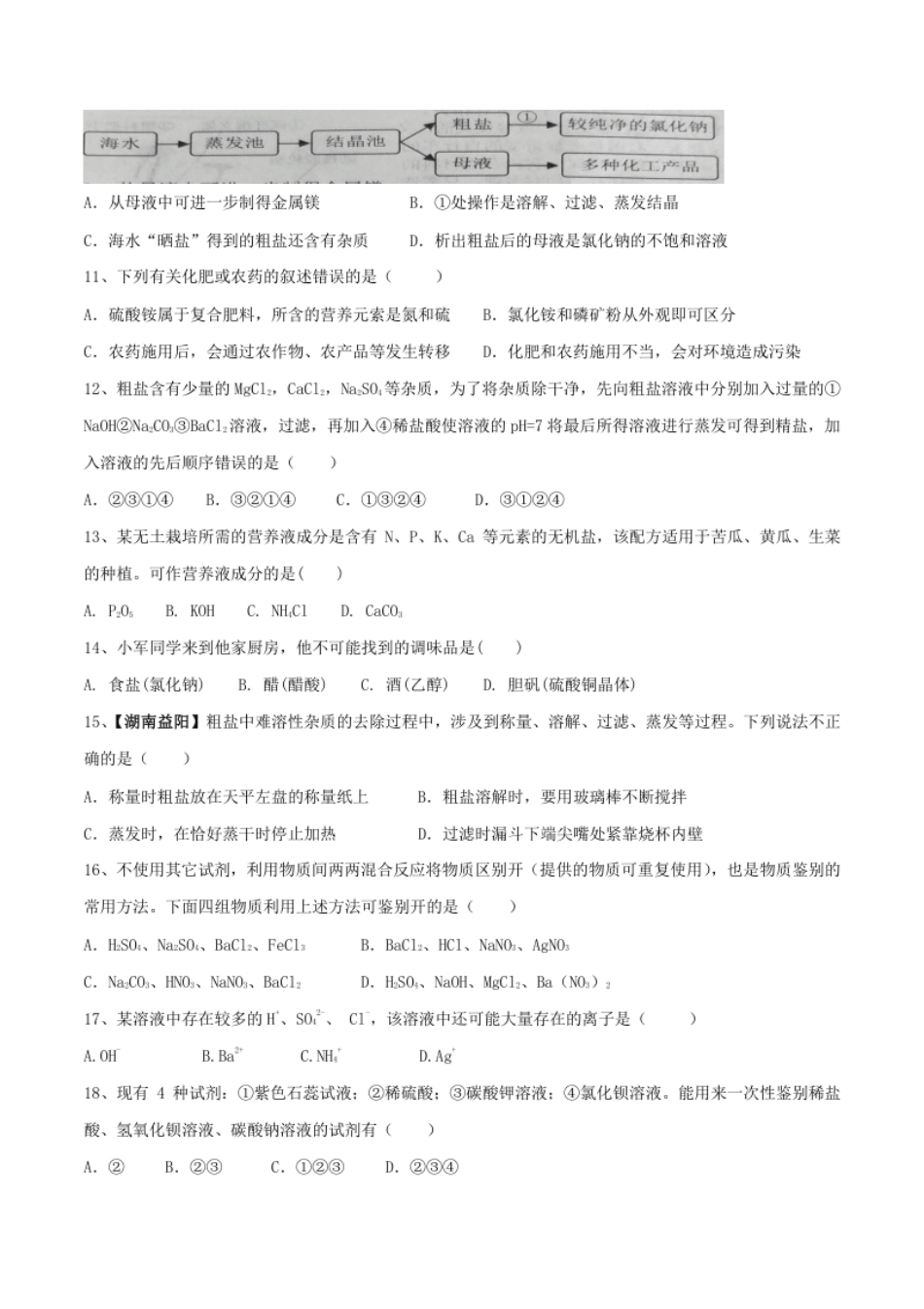 第十一单元盐化肥单元测试卷（A卷基础篇）（原卷版）.pdf_第2页