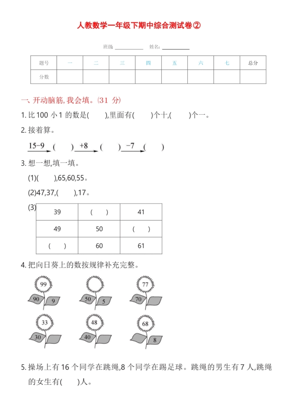 人教数学一年级下期中综合测试卷②.pdf_第1页