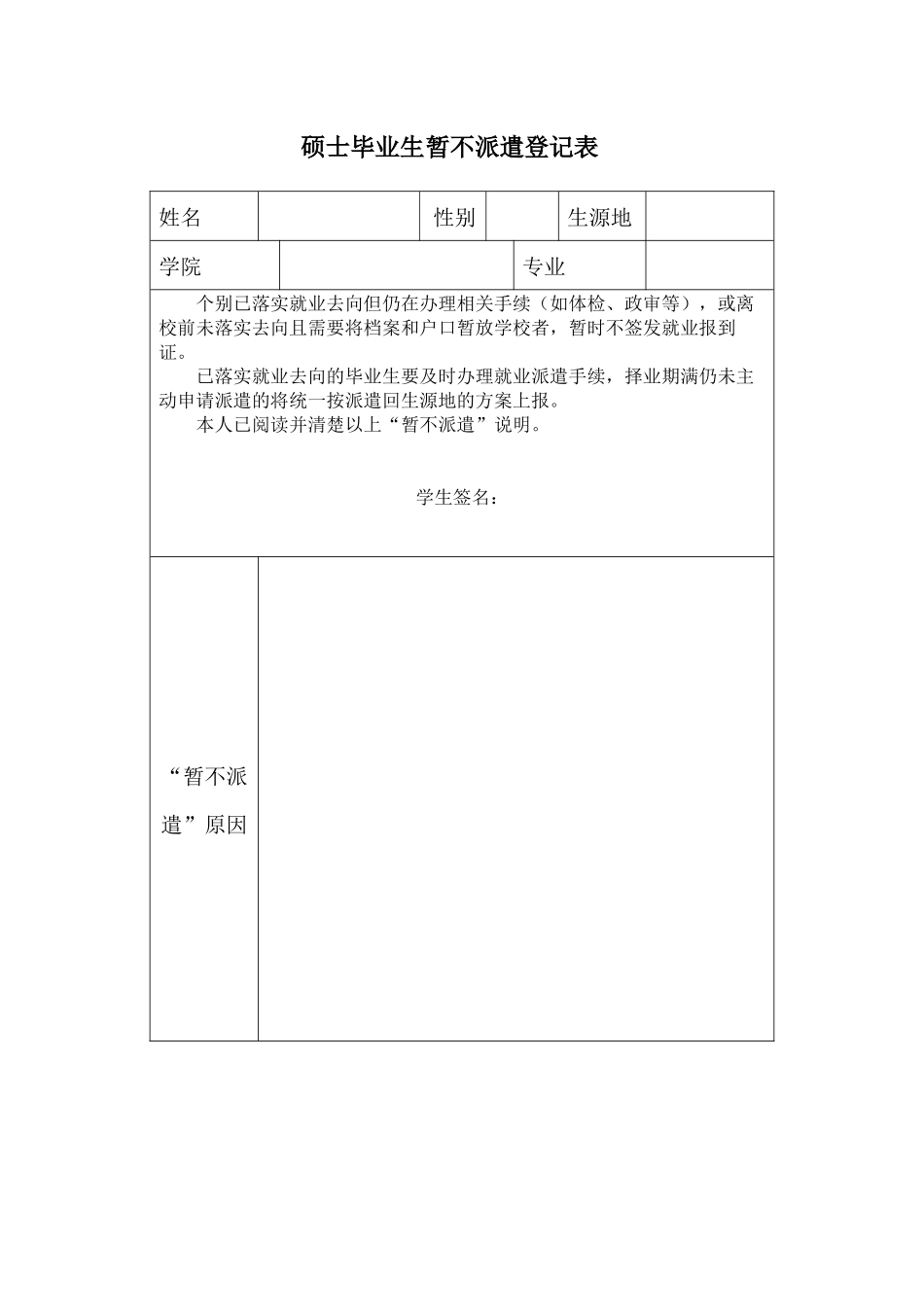 硕士毕业生暂不派遣登记表.docx_第1页