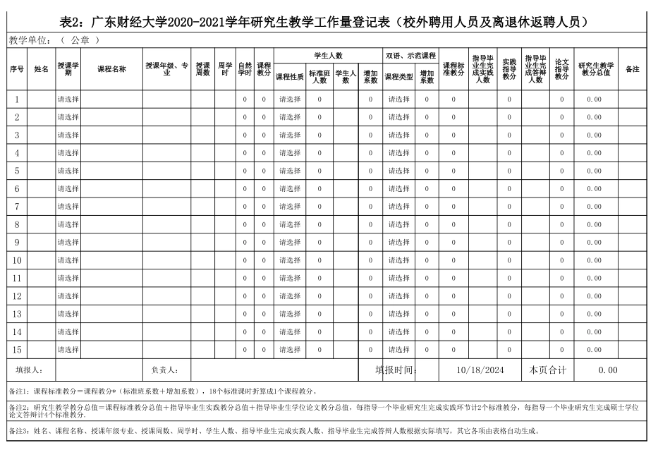 表3：广东财经大学2020-2021学年研究生教学工作量登记表（党务、行政、群团、附属单位非“双肩挑”人员）.xls_第2页