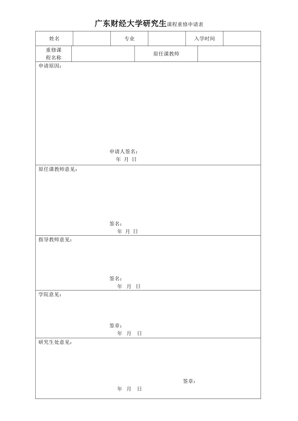 广东财经大学研究生课程重修申请表.doc_第1页