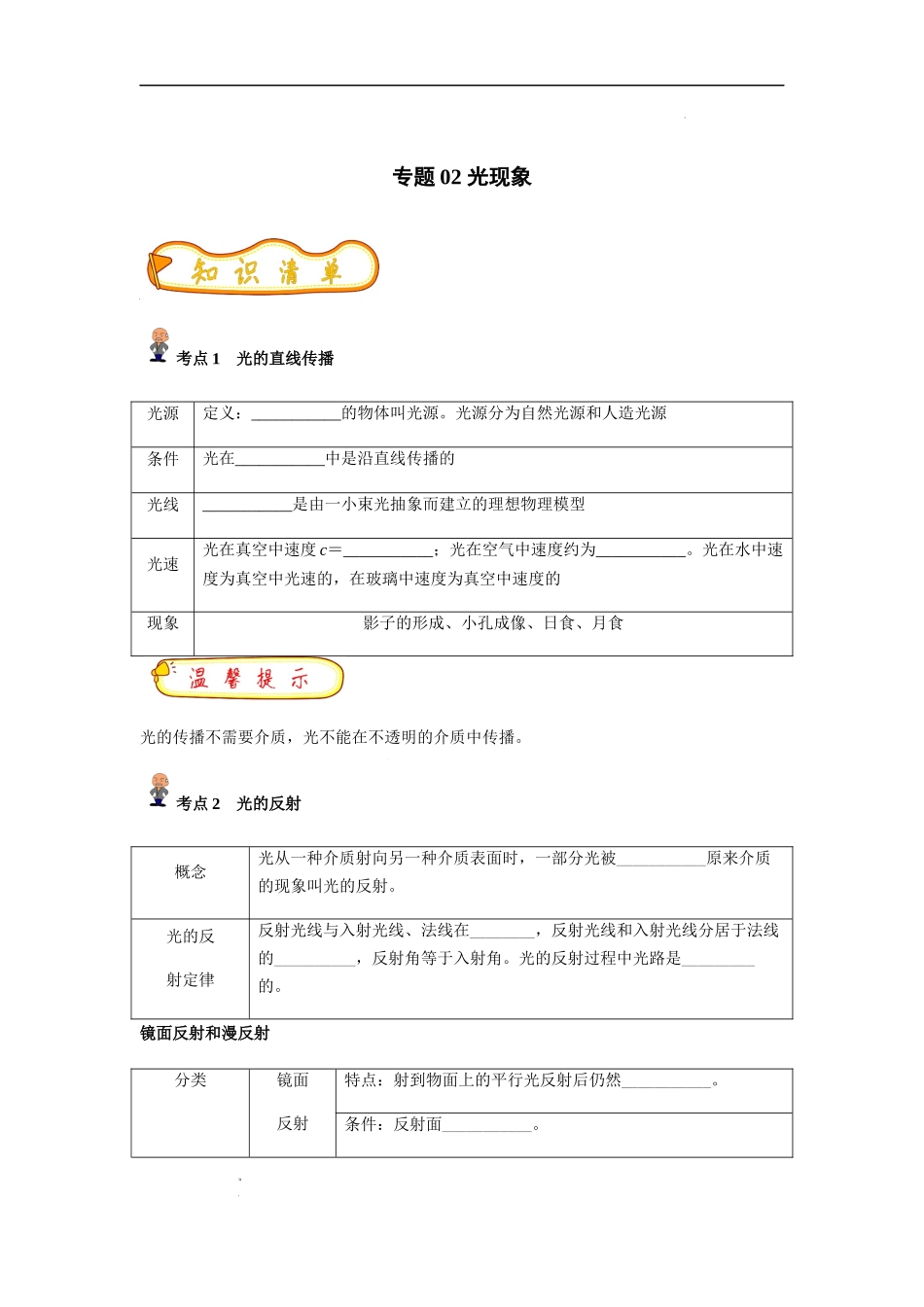 专题02 光现象(原卷版)-备战中考物理精选考点专练（知识清单+基础+拔高）.docx_第1页