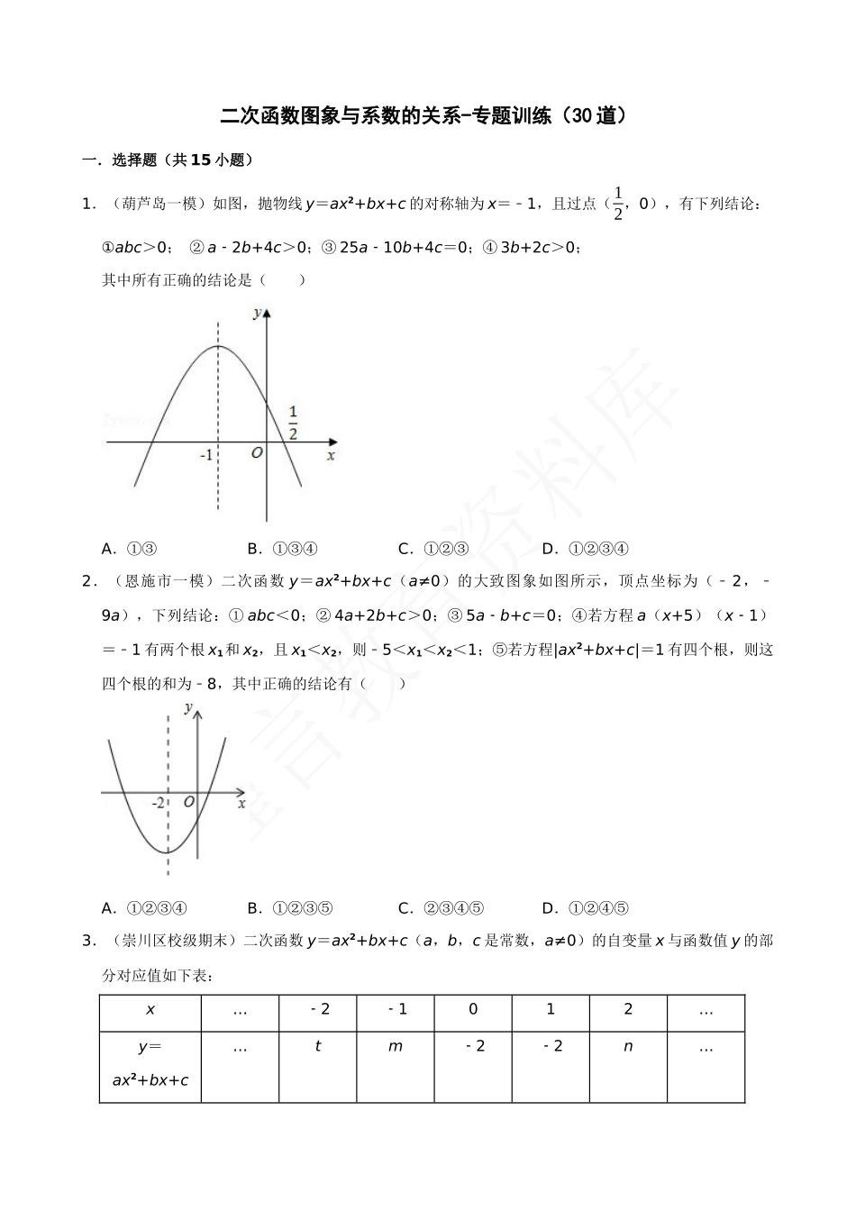 22-二次函数图象与系数的关系选填压轴-专题训练（30道）.docx_第1页