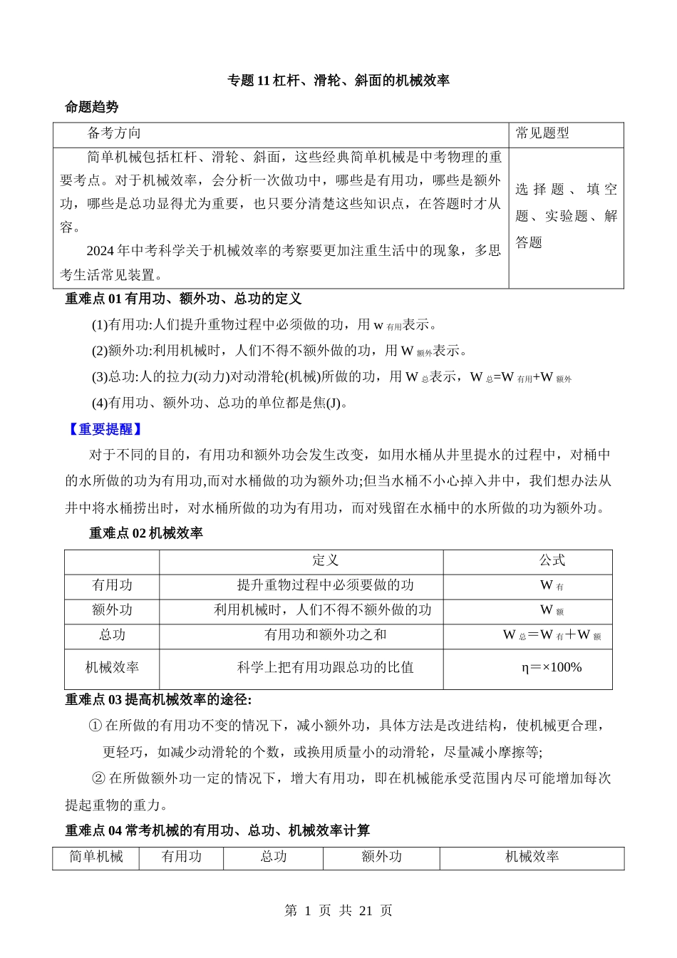 专题11 杠杆、滑轮、斜面的机械效率.docx_第1页