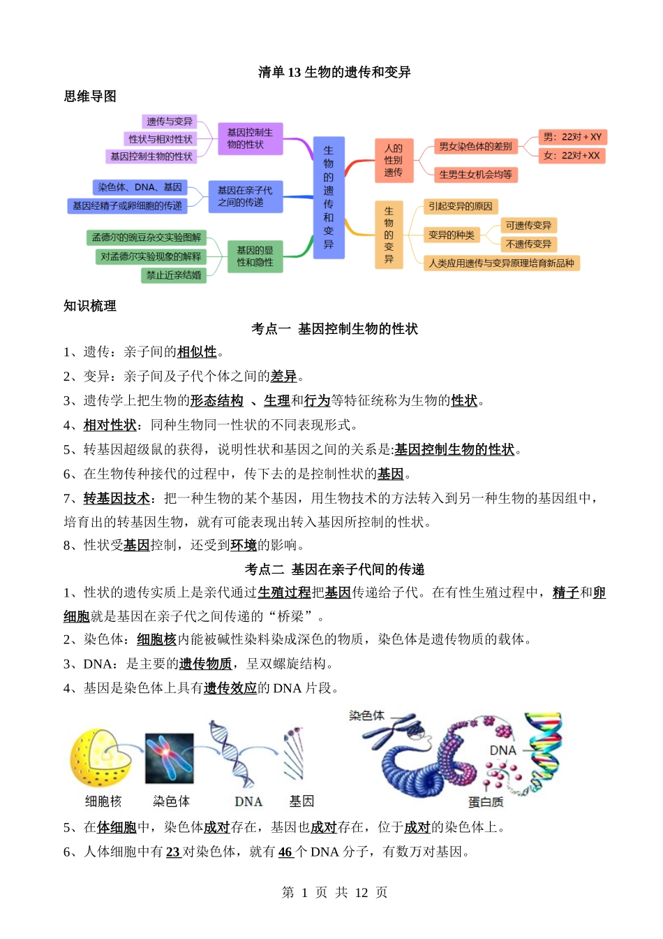 清单13 生物的遗传和变异（5大考点+6大高频命题点）.docx_第1页