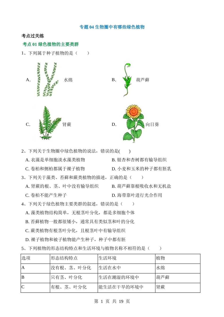 专题04 生物圈中有哪些绿色植物（练习）.docx_第1页