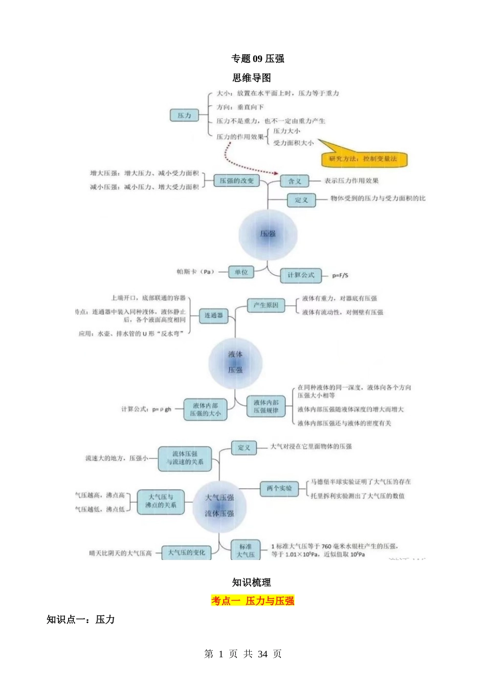 专题09 压强（4大模块知识清单+5个易混易错+6种方法技巧+典例真题解析）.docx_第1页