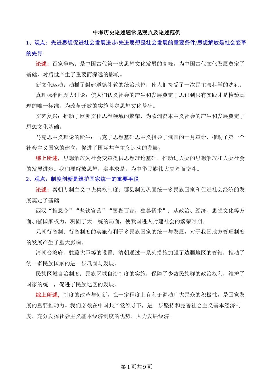 中考历史论述题常见观点及论述范例.docx_第1页