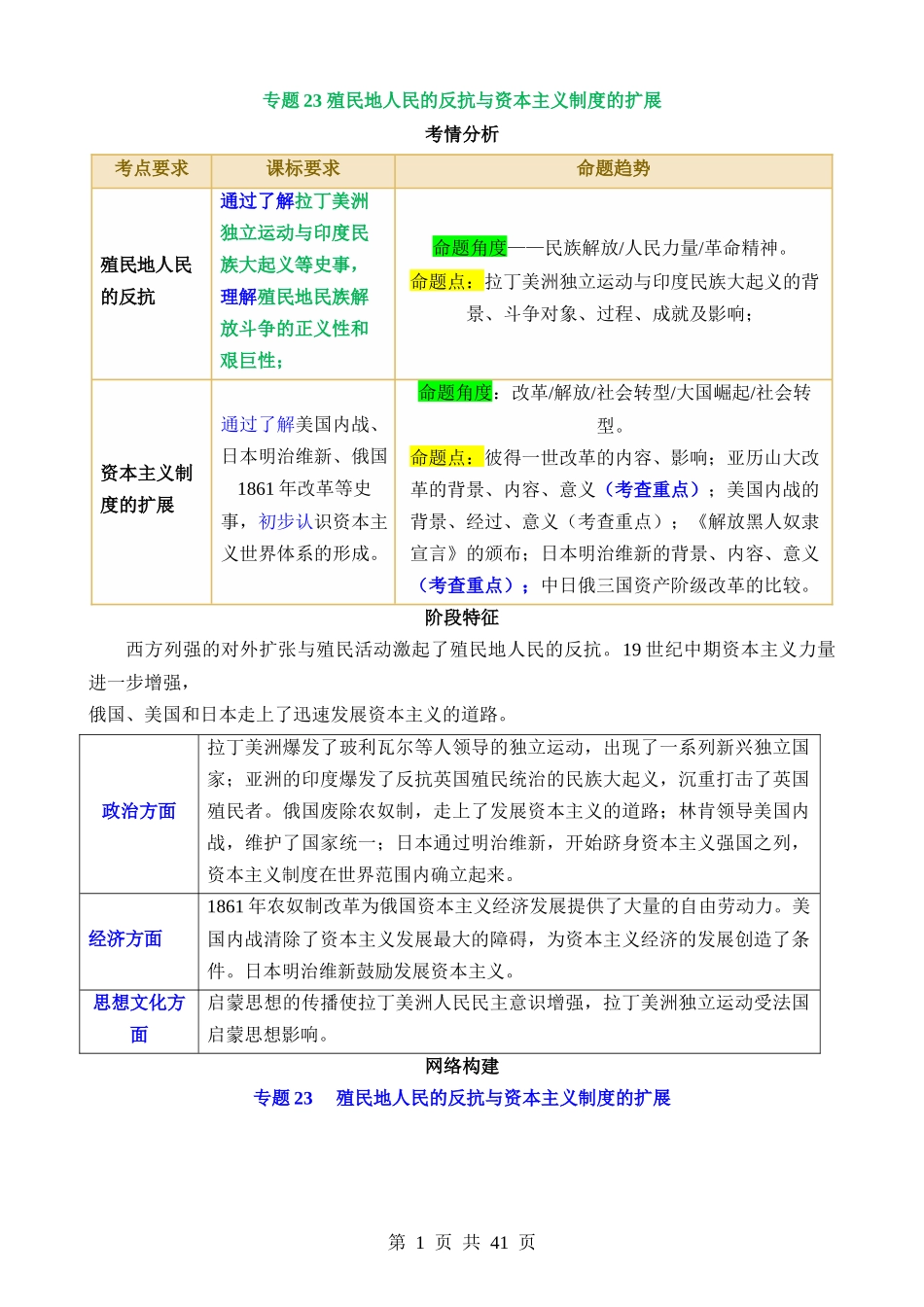 专题23 殖民地人民的反抗与资本主义制度的扩展（讲义）.docx_第1页