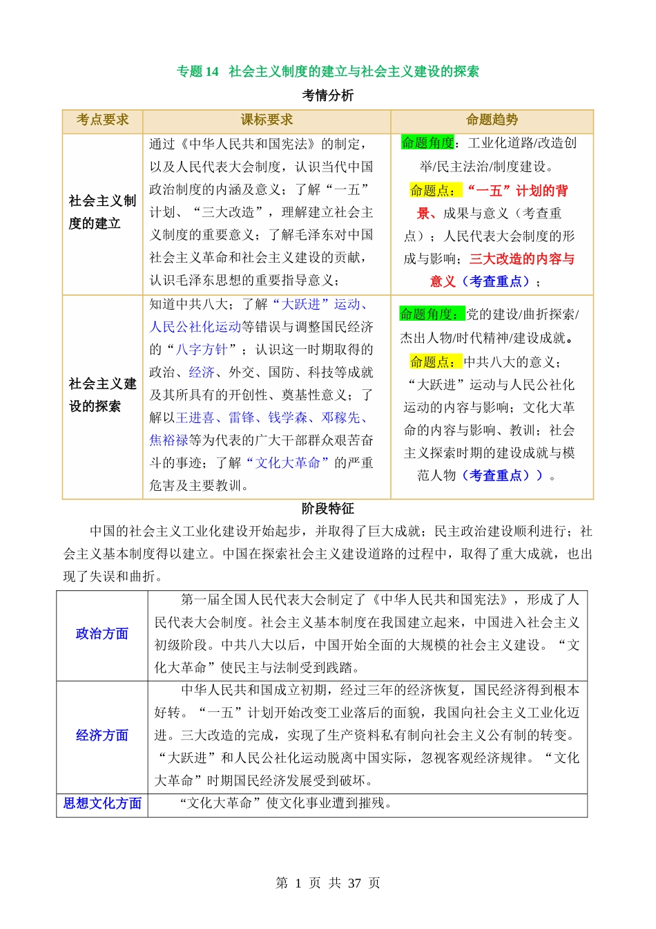 专题14 社会主义制度的建立与社会主义建设的探索（讲义）.docx_第1页