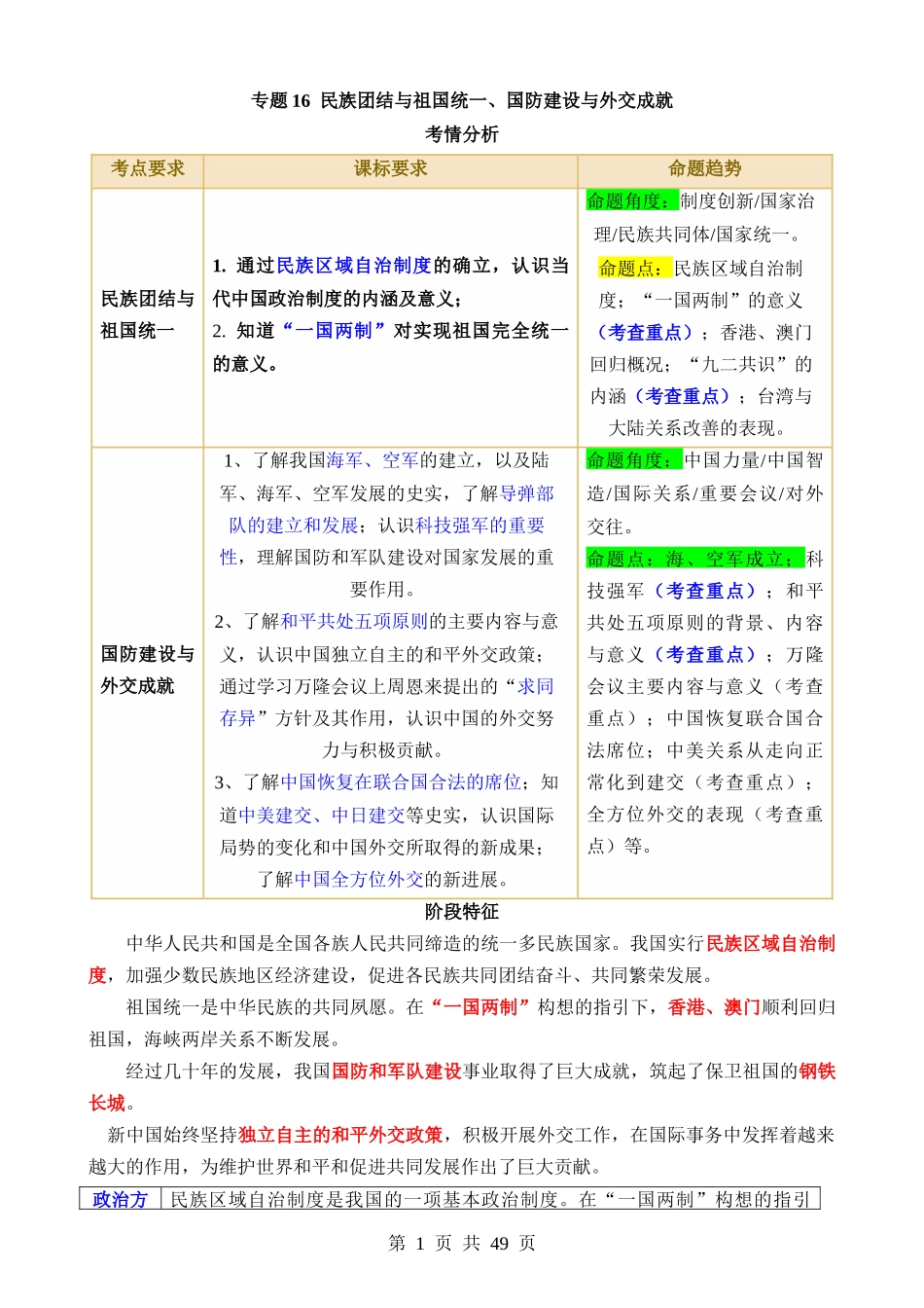 专题16 民族团结与祖国统一、国防建设与外交成就（讲义）.docx_第1页