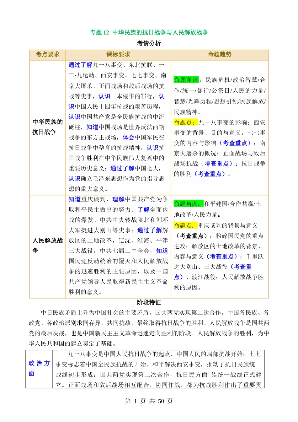 专题12 中华民族的抗日战争与人民解放战争（讲义）.docx_第1页