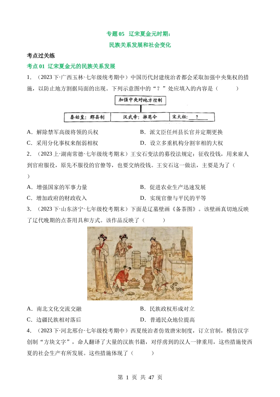 专题05 辽宋夏金元时期：民族关系发展和社会变化（练习）.docx_第1页