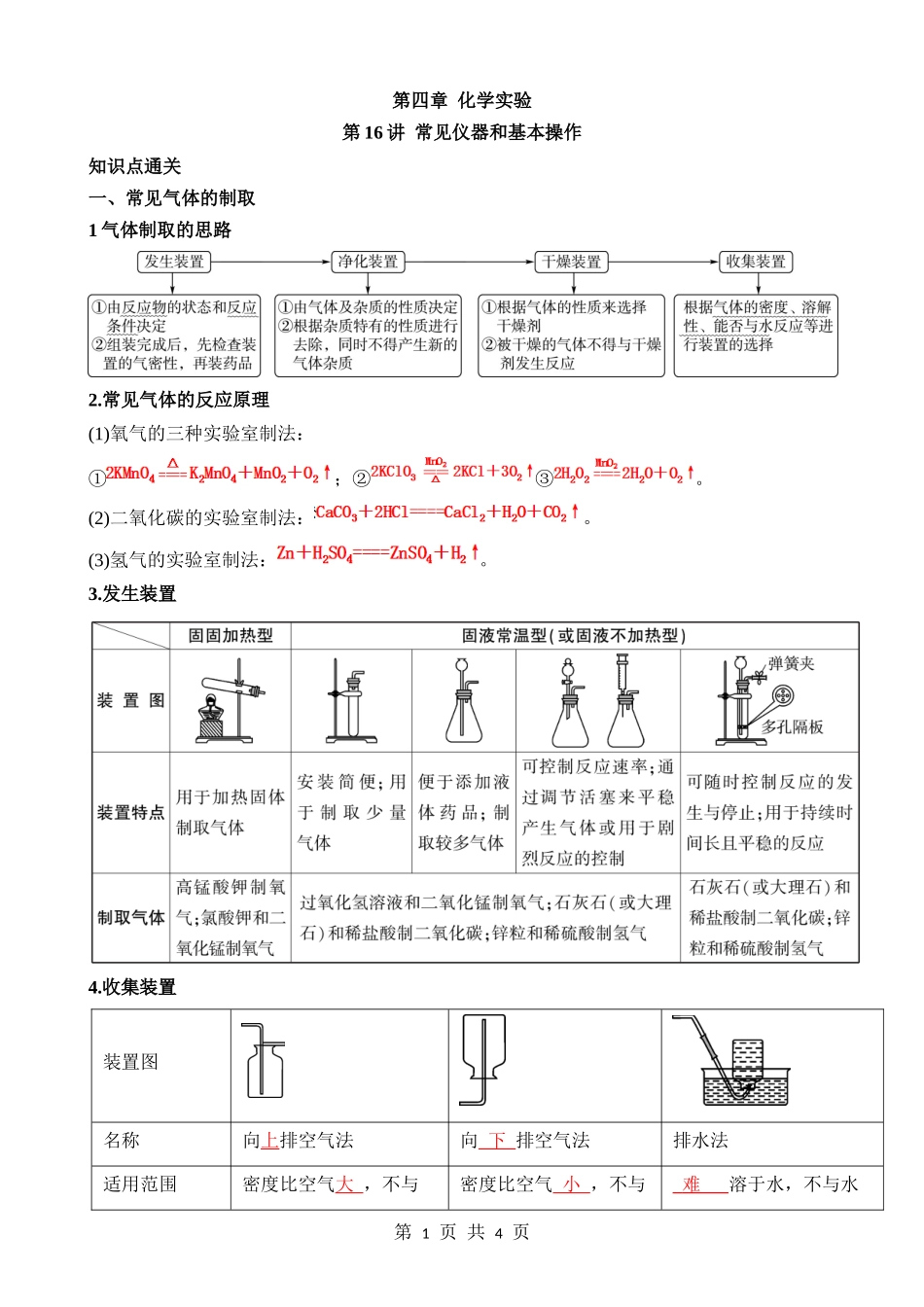 第16讲 气体制取和净化 (知识点).docx_第1页