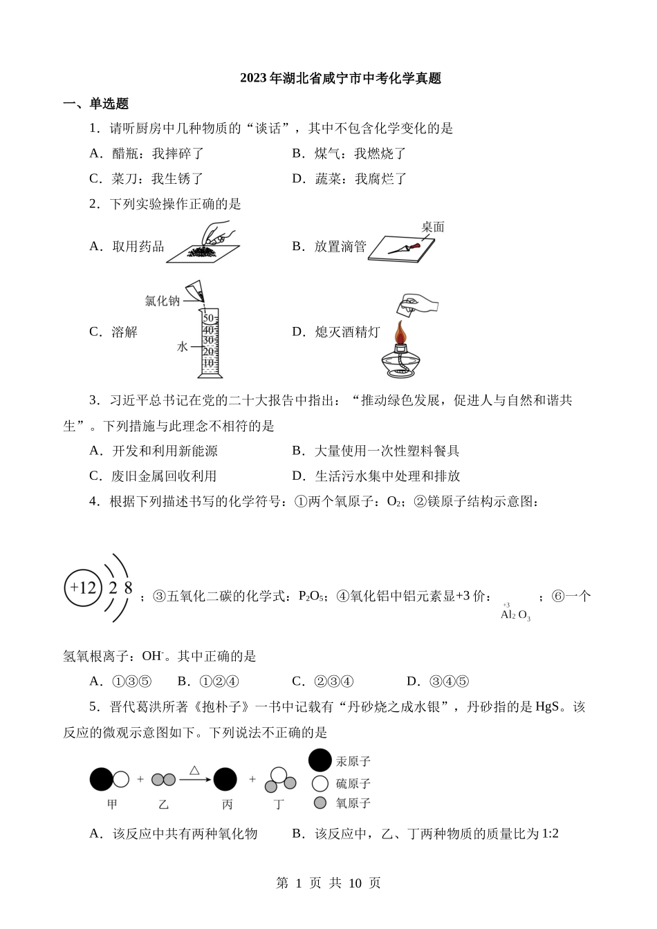 2023年湖北咸宁化学中考真题.docx_第1页