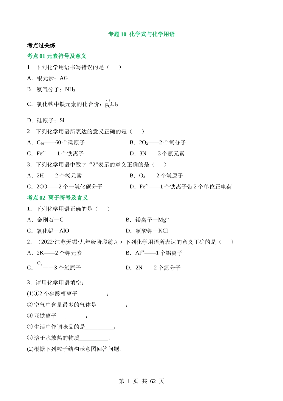 专题10 化学式与化学用语（练习）.docx_第1页