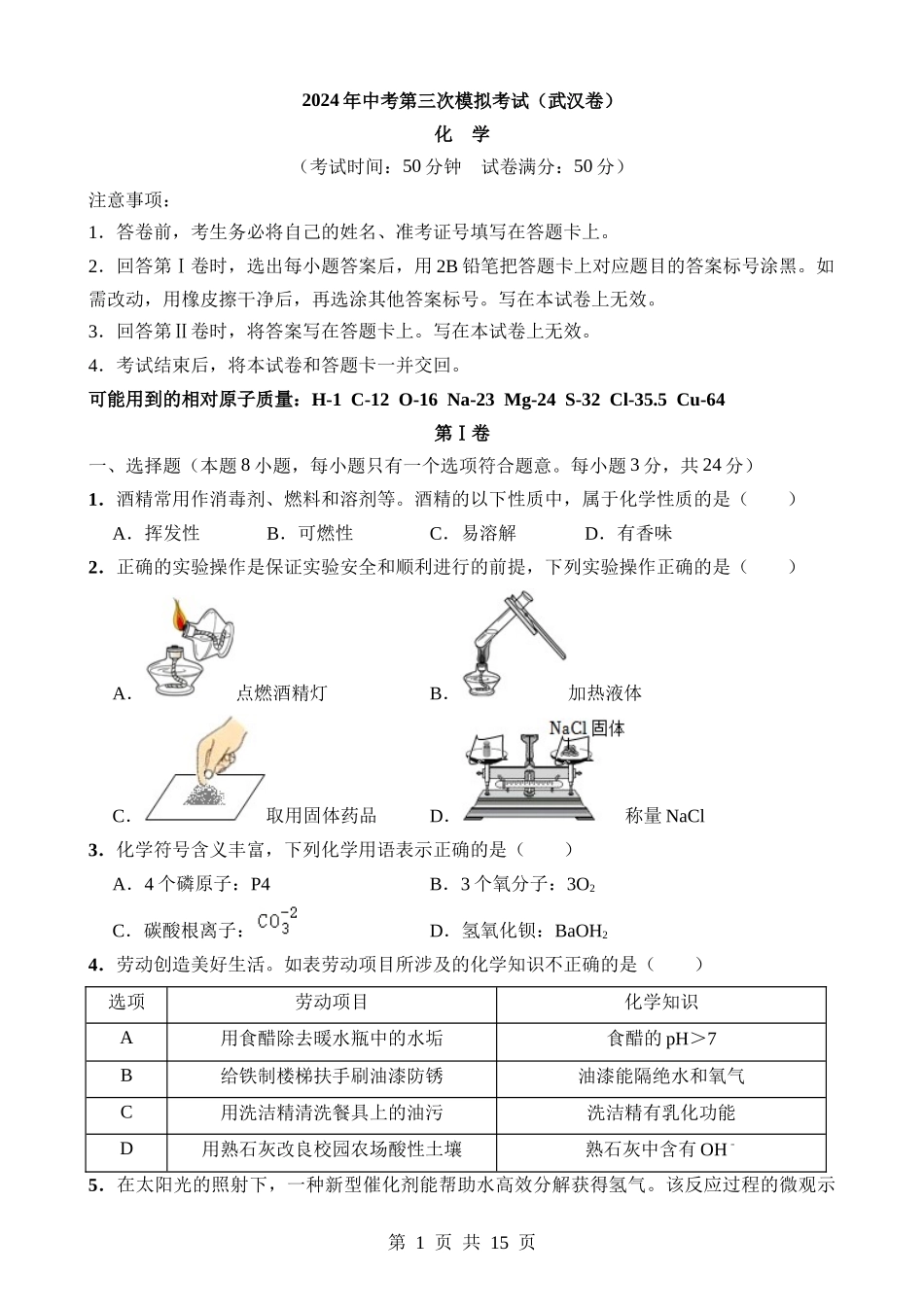 化学（湖北武汉卷）.docx_第1页