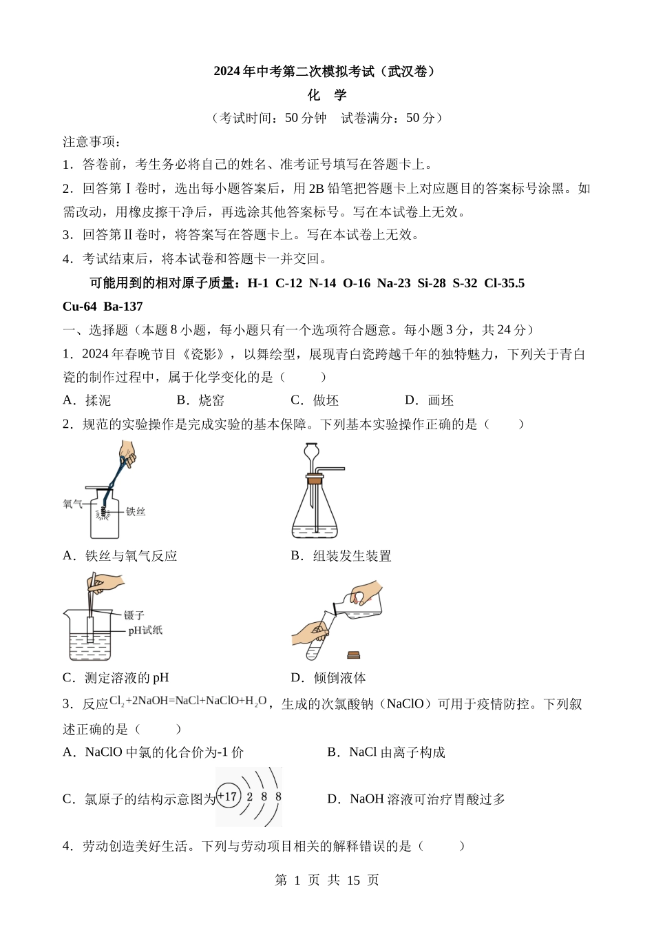 化学（湖北武汉卷） (1).docx_第1页