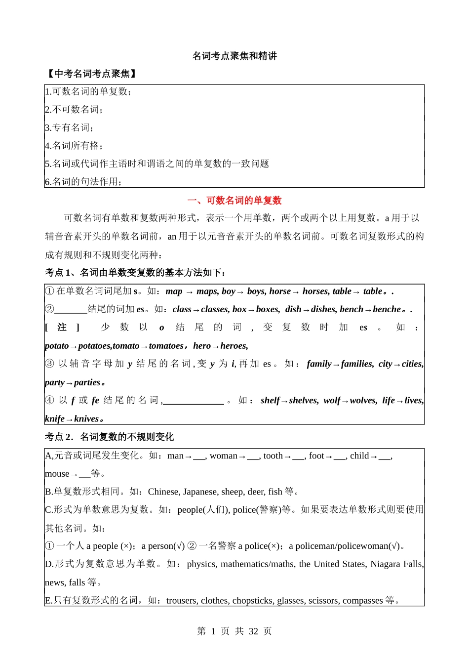 专题1 名词考点聚焦和精讲 .docx_第1页