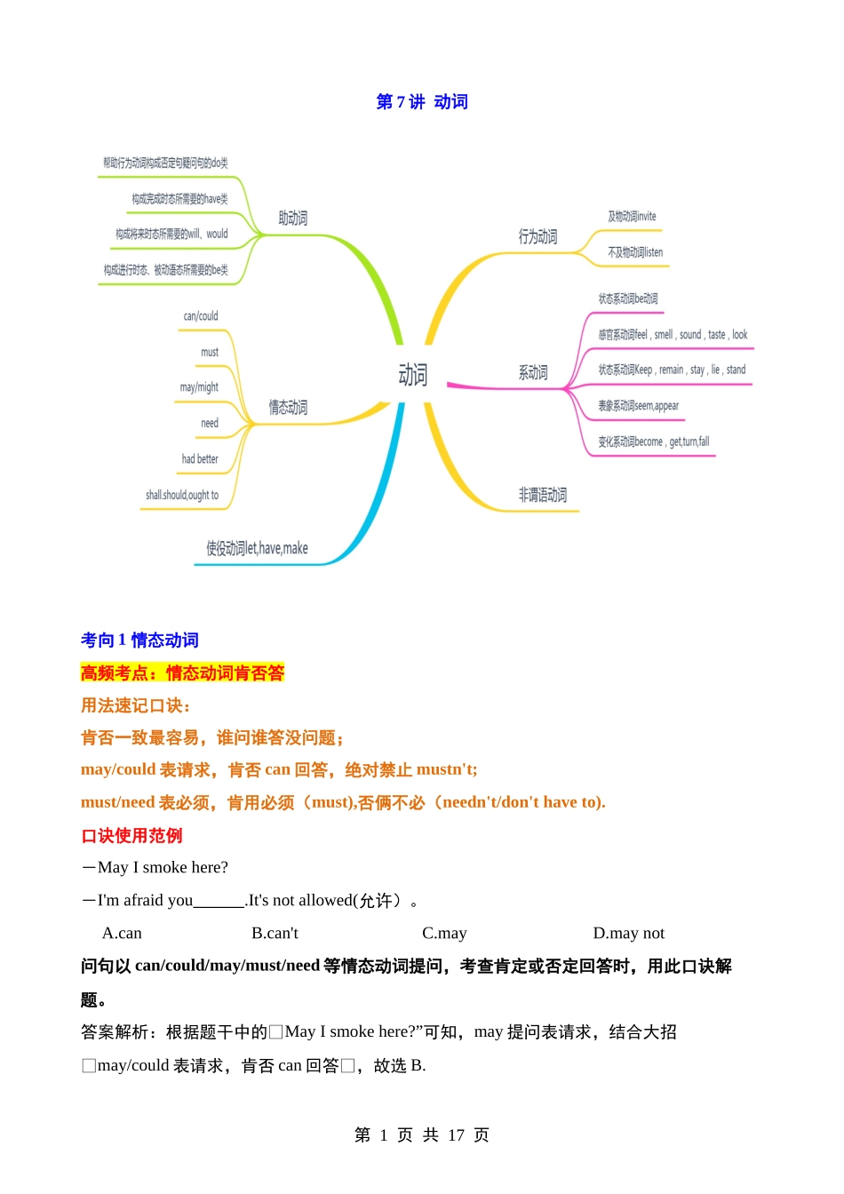 第07讲 动词（情态动词、非谓语动词、系动词、使役动词、动词辨析）.docx_第1页