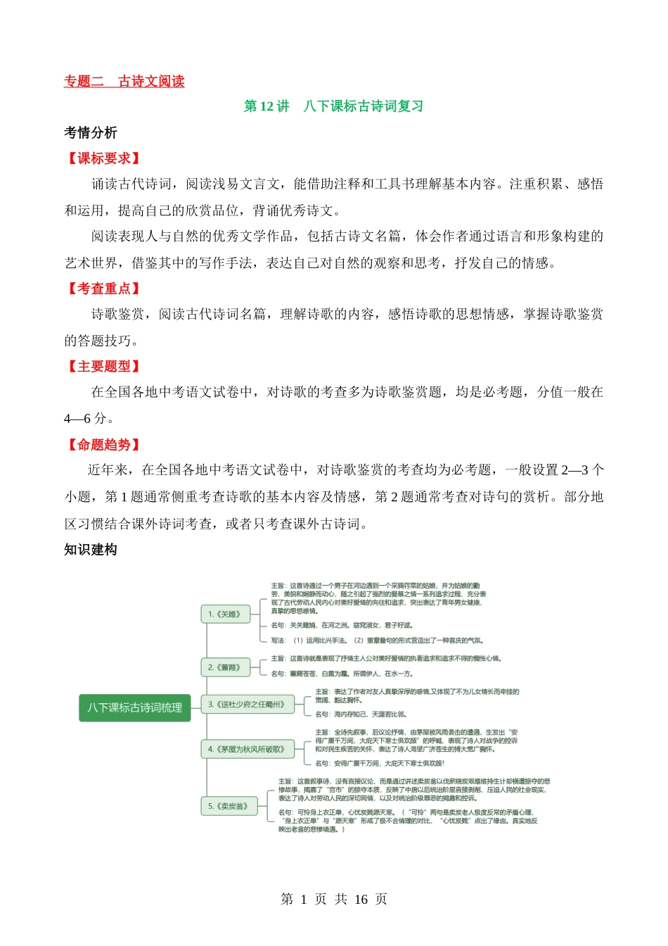 专题12 八下课标古诗词复习（讲义）.docx_第1页