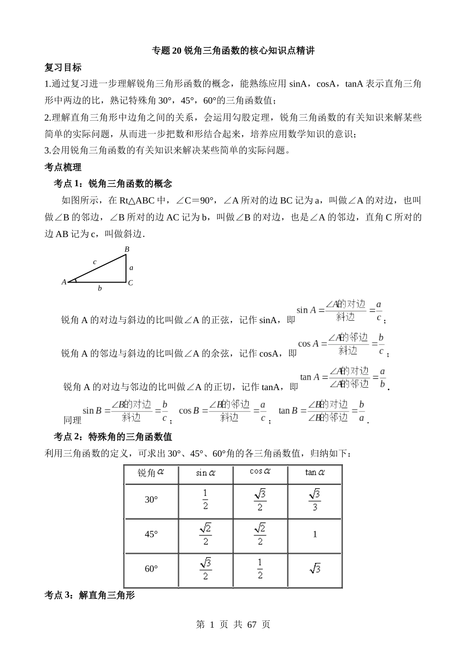 专题20 锐角三角函数（讲义）.docx_第1页