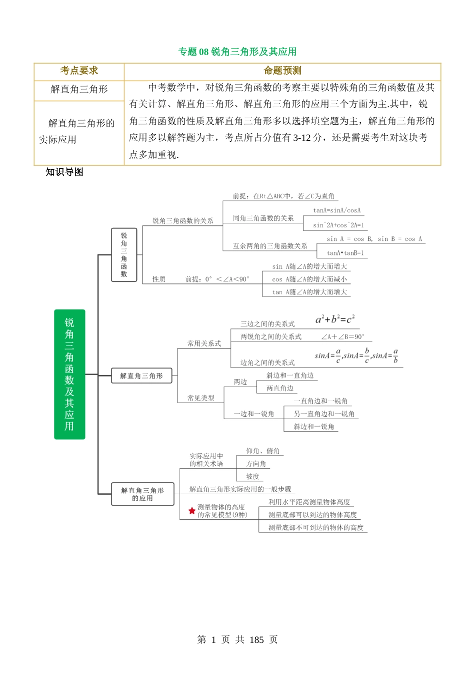 专题08 锐角三角形及其应用 （讲练）.docx_第1页