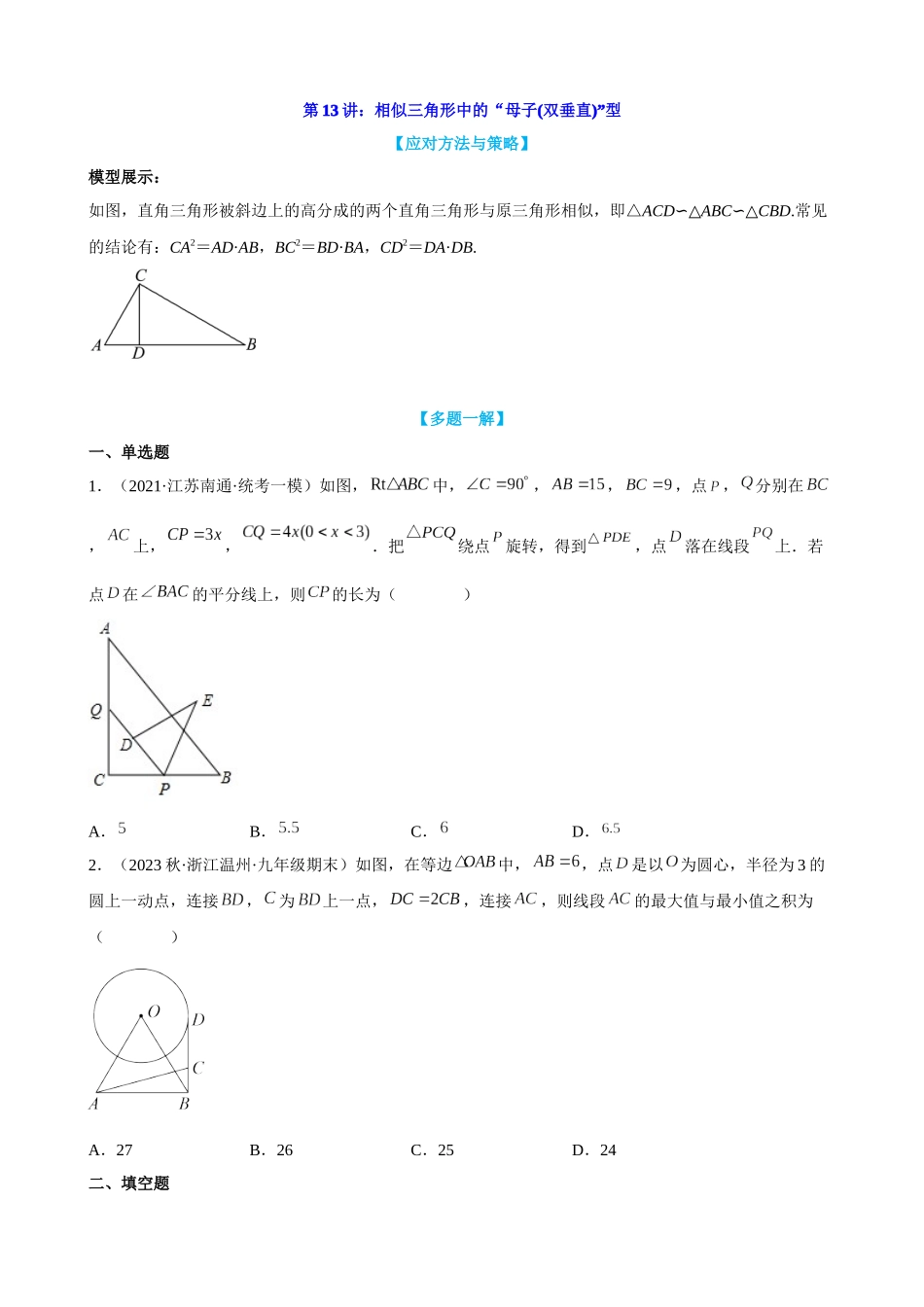 第13讲_相似三角形中的“母子(双垂直)”型.docx_第1页