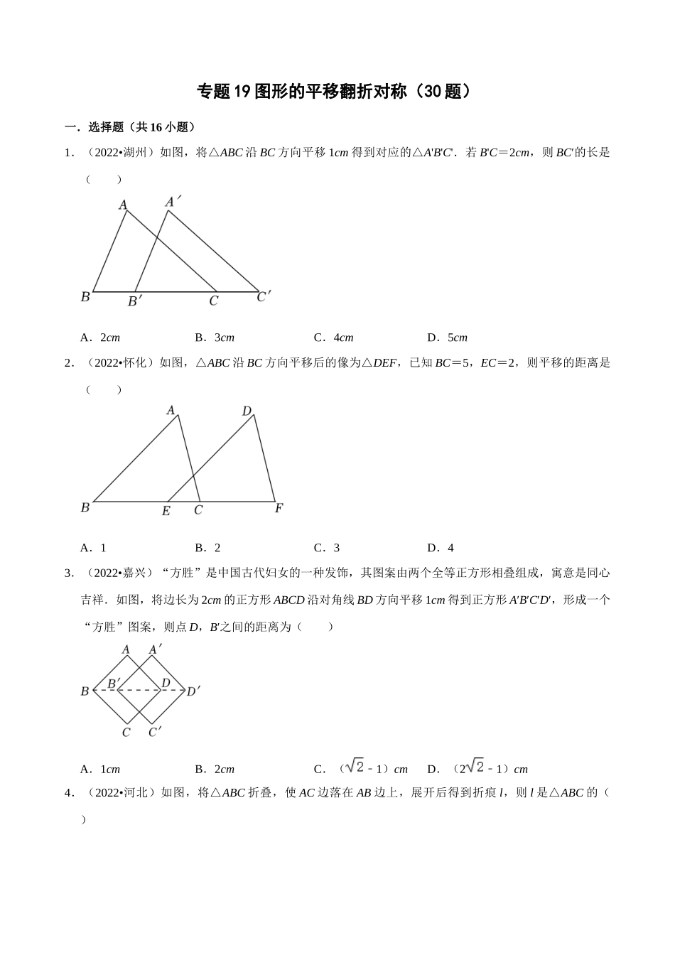 专题19_图形的平移翻折对称（共30题）.docx_第1页