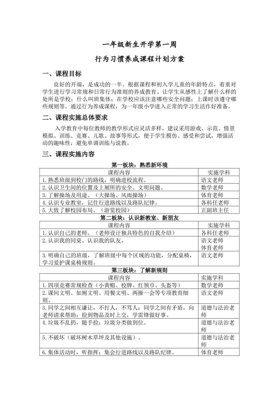 班主任必备表格_一年级开学第一周行为习惯养成课程计划方案.docx_第1页