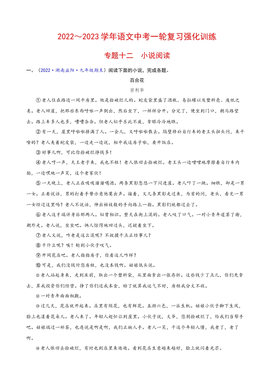 专题12小说阅读_中考语文一轮复习强化训练.docx_第1页