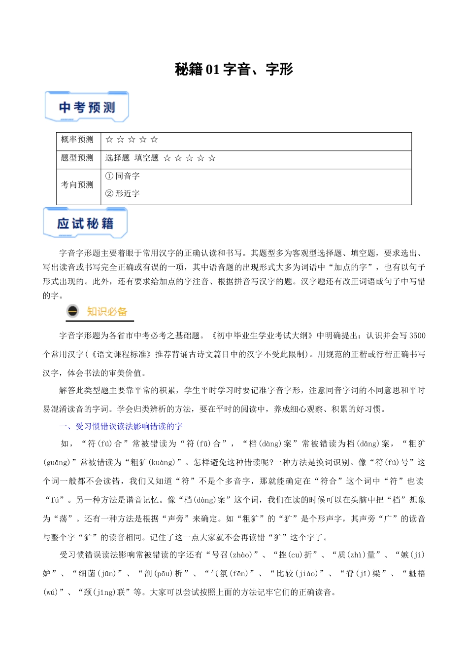 秘籍01 字音、字形_中考语文.docx_第1页