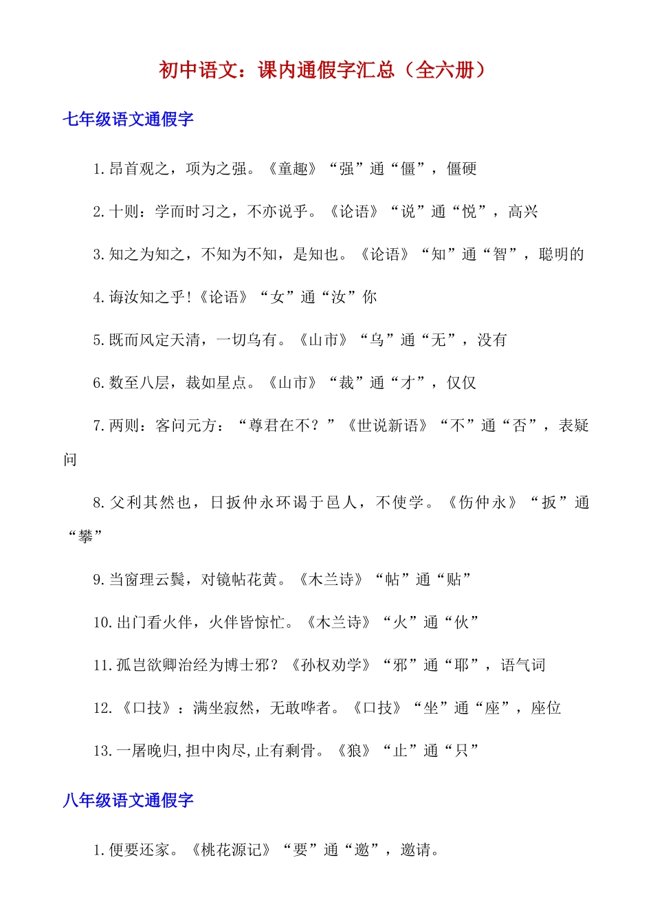 初中语文课内通假字汇总_中考语文.docx_第1页