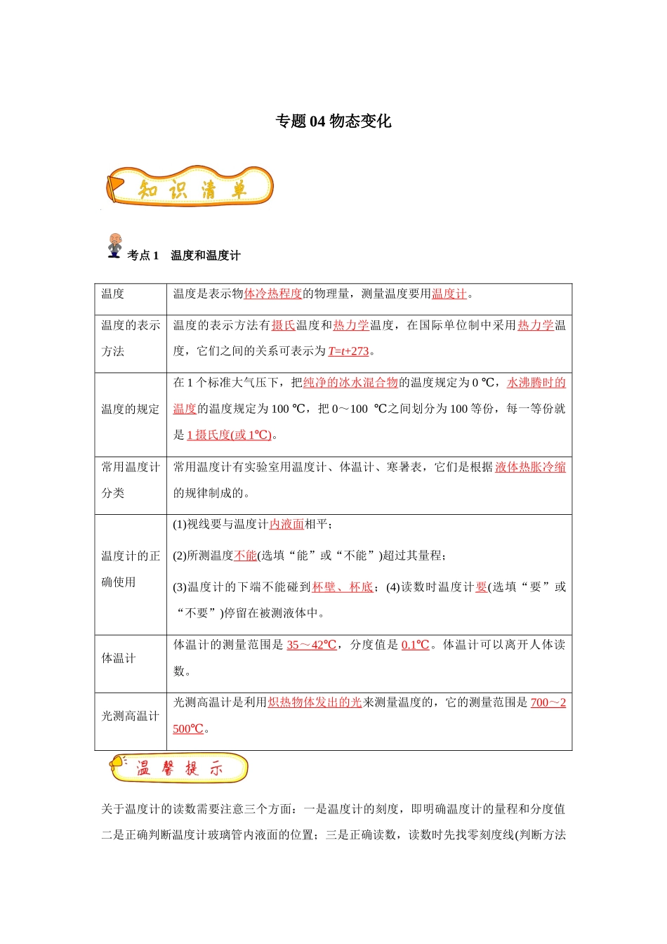 专题04 物态变化(解析版)-备战中考物理精选考点专练（知识清单+基础+拔高）_中考物理.docx_第1页