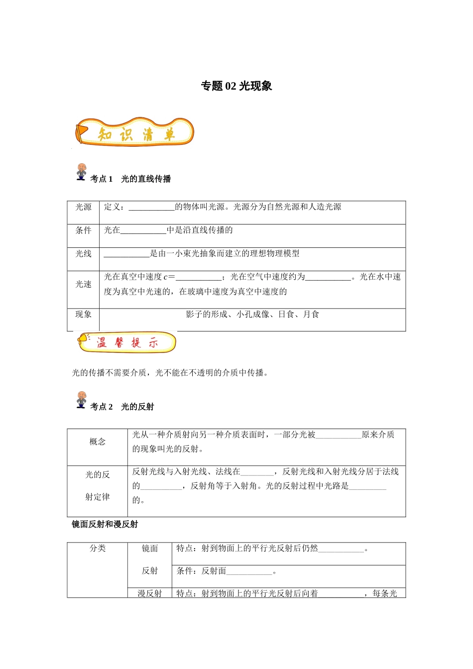 专题02 光现象(原卷版)-备战中考物理精选考点专练（知识清单+基础+拔高）_中考物理.docx_第1页