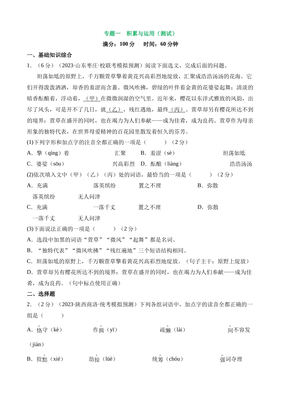 专题一 积累与运用（测试）_中考语文.docx_第1页